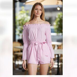 NWT  Saks Fifth Avenue  Pinstriped Cotton Jumpsuit Belted Baby Pink Belted